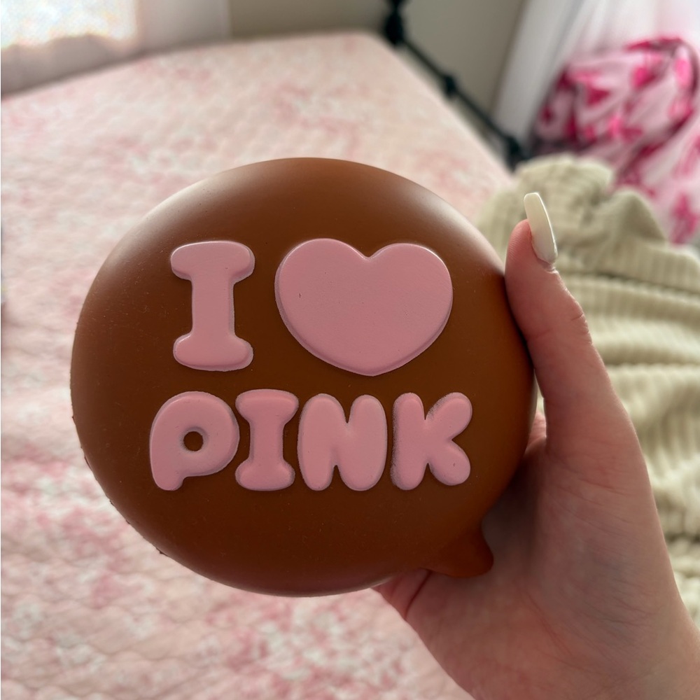 Mido Brown Squishy Toy with Pink "I ♥ PINK" Design